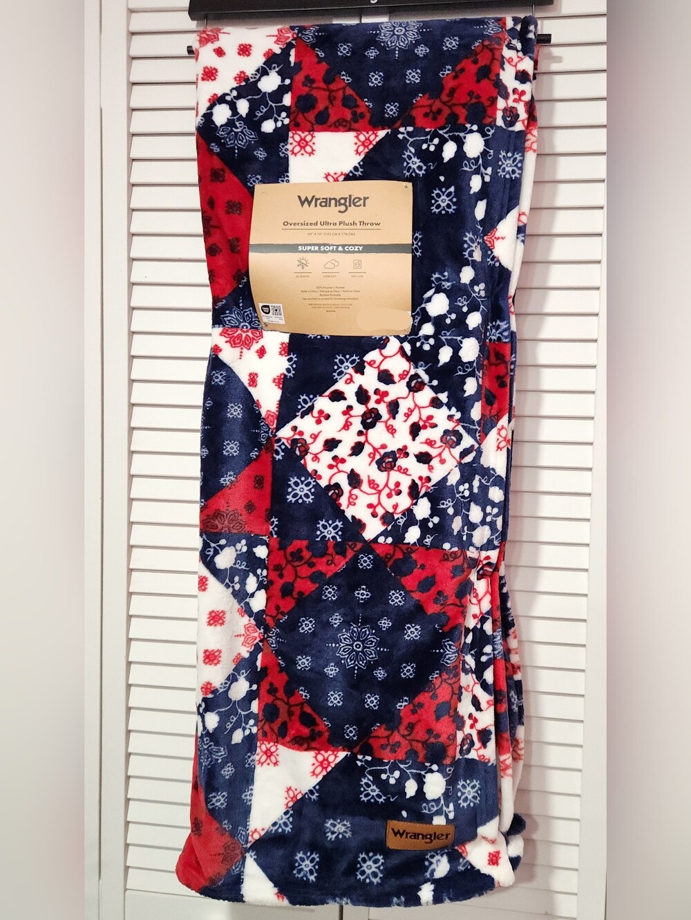 Wrangler Red Navy White Patchwork Plush Throw